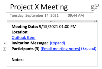 Detalhes da reunião no OneNote no Mac