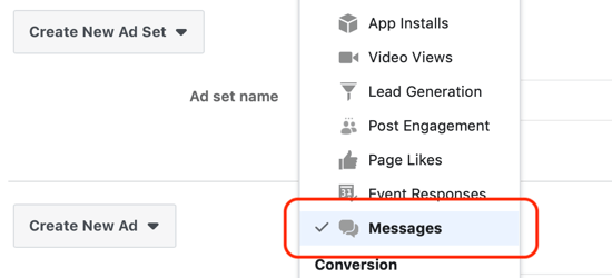 Como obter leads com anúncios do Facebook Messenger, mensagens definidas como destino no nível do conjunto de anúncios