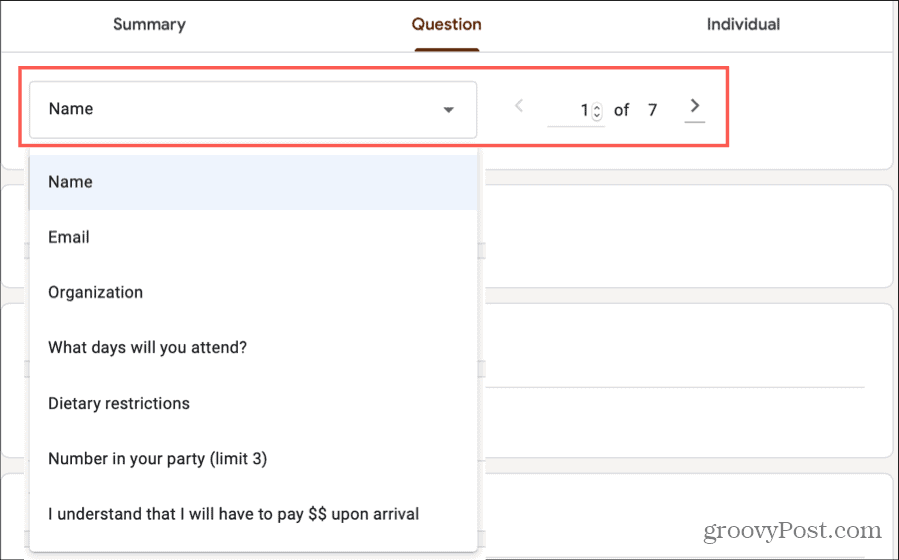 Respostas do Formulários Google - Selecione a pergunta