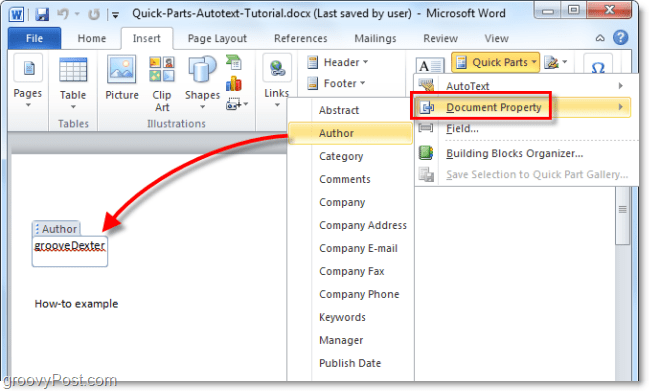 inserir propriedades do documento e ajustá-las de dentro do documento do Word