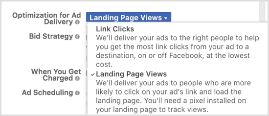 Otimize a entrega de anúncios do Facebook para visualizações da página de destino.
