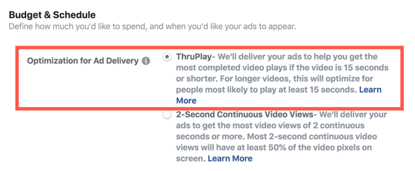 Otimização do Facebook ThruPlay para anúncios em vídeo, etapa 2.