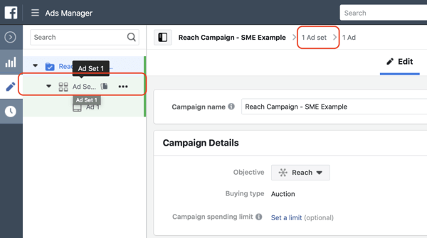 Como criar anúncios de alcance do Facebook, etapa 3, configurações para navegar até o nível do conjunto de anúncios de sua campanha