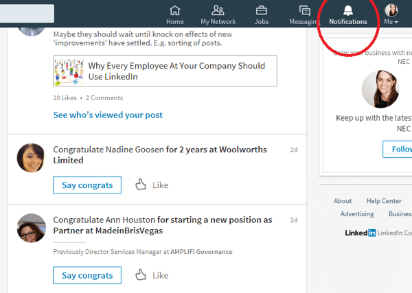 Quando você clica no ícone Notificações, o LinkedIn exibe os contatos que tiveram uma ocasião especial recentemente.