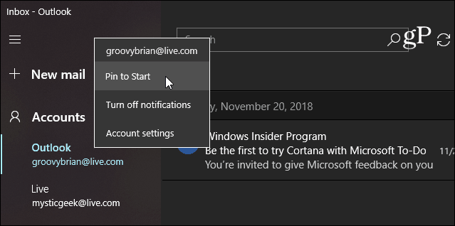 PIN Email Windows 10 Start Mail app