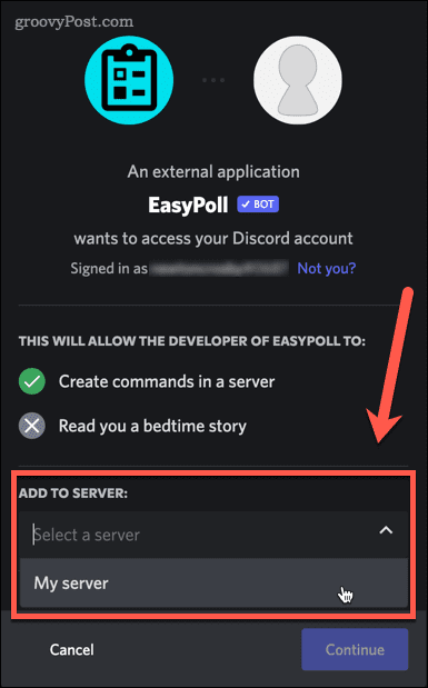 selecione servidor em discord