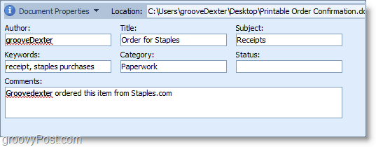 A janela de propriedades do documento no Microsoft Office 2010