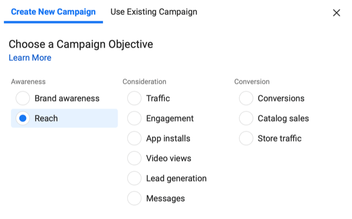 instagram crie um novo menu de campanha com o objetivo de alcance selecionado em consciência
