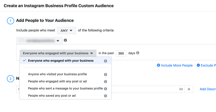 Criar uma caixa de diálogo de público personalizado do perfil de negócios do Instagram