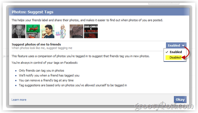 desativar o facebook sugerindo fotos suas para amigos
