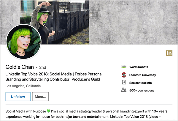 Esta é uma captura de tela do perfil de Goldie Chan no LinkedIn. Ela é uma mulher asiática com cabelo verde. Em sua foto de perfil, ela está usando maquiagem, uma gargantilha preta e uma camisa preta. Seu slogan é “LinkedIn Top Voice 2018: Social Media | Contribuidor da marca pessoal e narrativa da Forbes | Guilda do Produtor ”