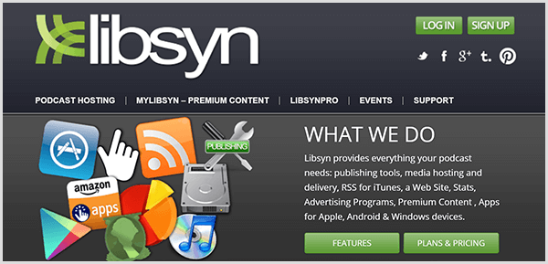 Chris Brogan usa Libsyn para hospedar os arquivos de áudio de seu briefing em flash Alexa. O site Libsyn possui itens de navegação para hospedagem de podcast, conteúdo premium, recursos profissionais, eventos e suporte.