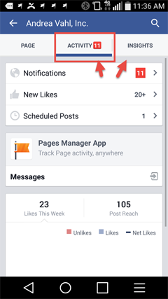 visualizar notificações de página do aplicativo do Facebook