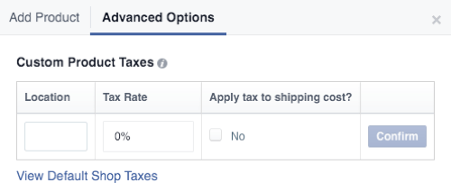 impostos sobre produtos personalizados da loja do Facebook
