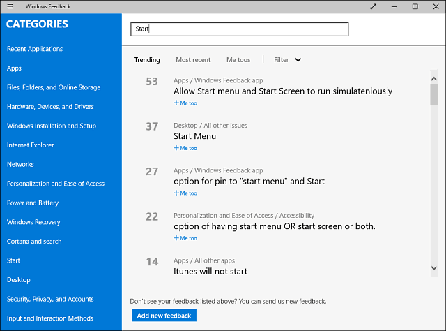 Aplicativo de feedback do Windows 10