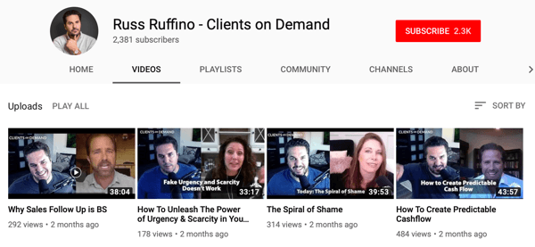 Maneiras de empresas B2B usarem vídeo online, Russ Ruffino mostra o canal do YouTube de vídeos de entrevistas