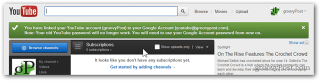 Vincular uma conta do YouTube a uma nova conta do Google - Confirmação - Conta migrada