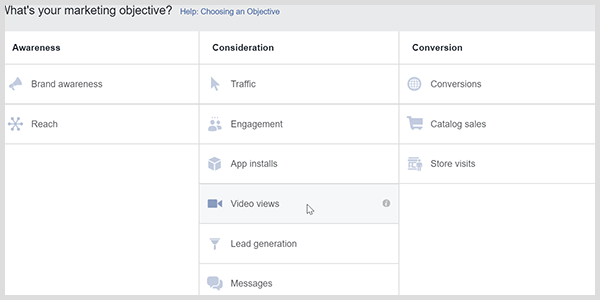O Facebook Ads Manager tem um objetivo de visualizações de vídeo que faz com que o Facebook segmente as pessoas que assistem aos vídeos.