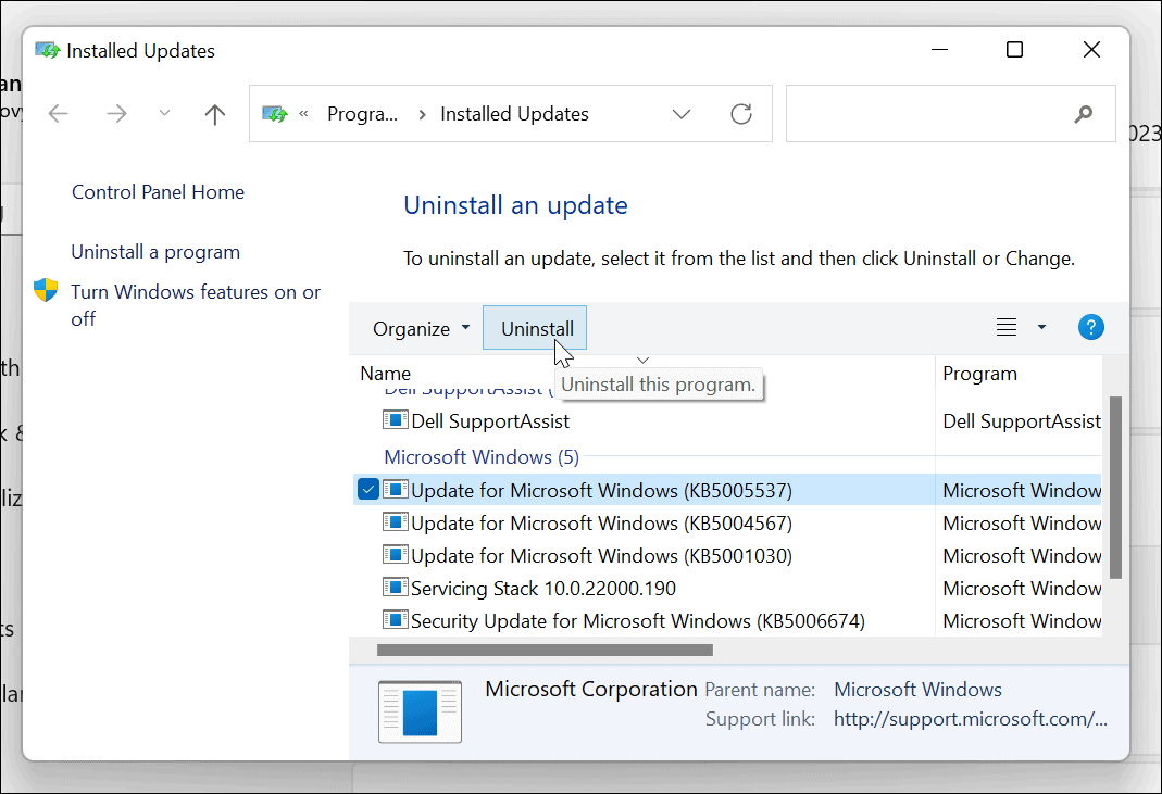 desinstalar o Windows 11 de atualização cumulativa