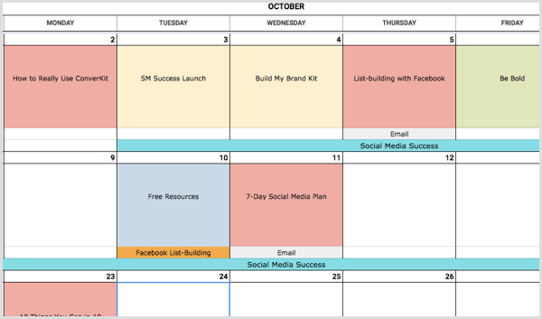 codificação de cores de calendário de mídia social