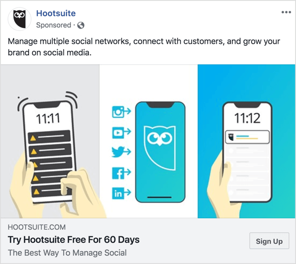A mensagem no anúncio da Hootsuite no Facebook é clara e concisa. 