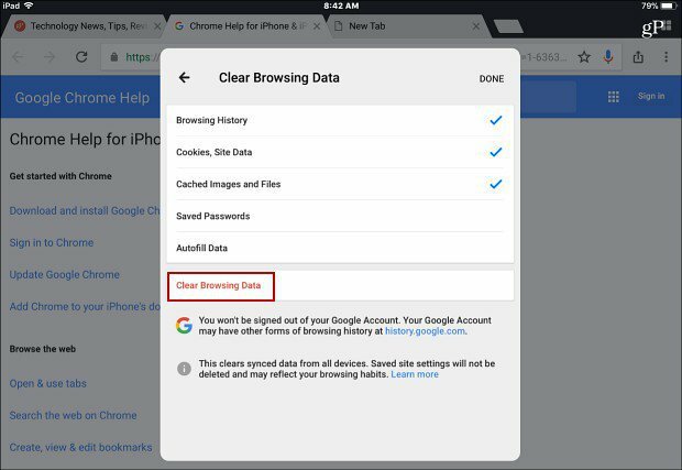 Limpar o aplicativo Chrome de Dados de Navegação iOS