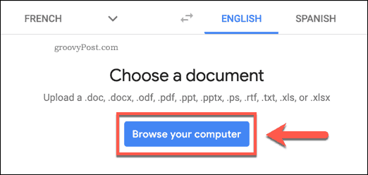O botão Navegar no seu computador no site do Google Tradutor
