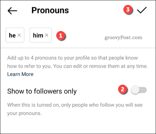 Adicionando pronomes a um perfil do Instagram