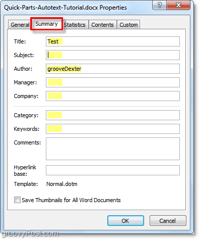 a guia de resumo permite que você edite as propriedades avançadas do documento no word 2010