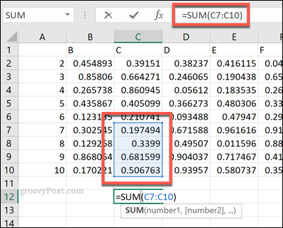 Uma fórmula SUM do Excel usando um intervalo de células