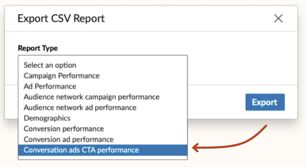 Opção de desempenho de CTA de anúncios de conversa do LinkedIn na lista suspensa Tipo de relatório