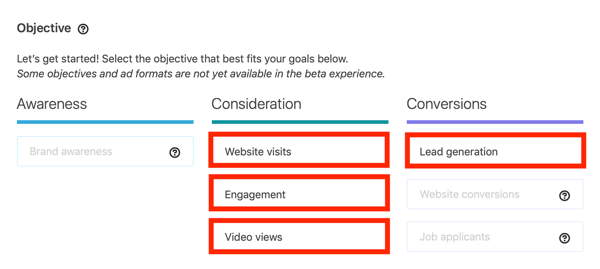Como criar anúncio carrossel de geração de leads no LinkedIn, etapa 1, opções de objetivo de campanha