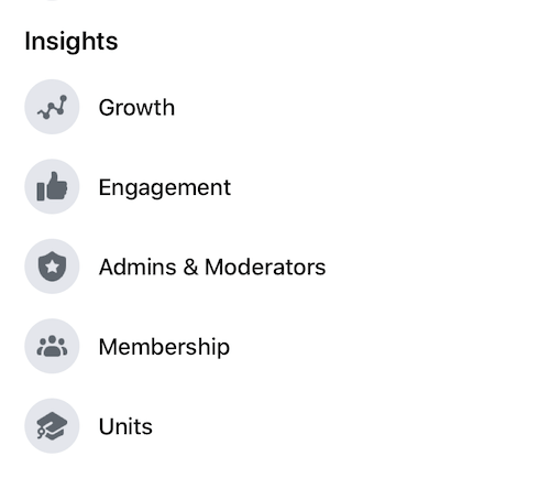 menu de insights do Facebook mostrando várias opções de medição analítica