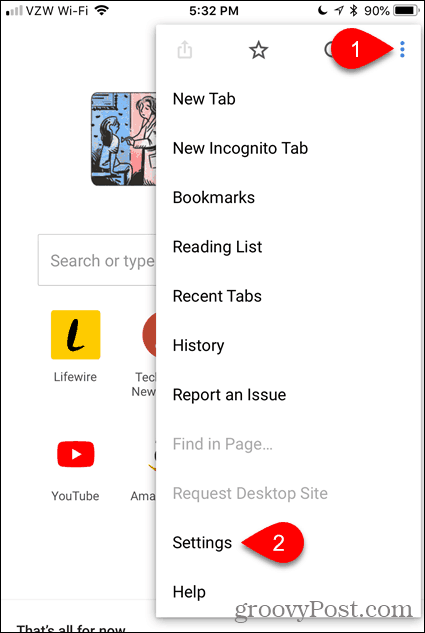 Toque em Configurações no Chrome para iOS