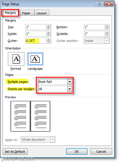 use a palavra 2010 page setup para alterar as configurações de layout e se preparar para criar um livreto