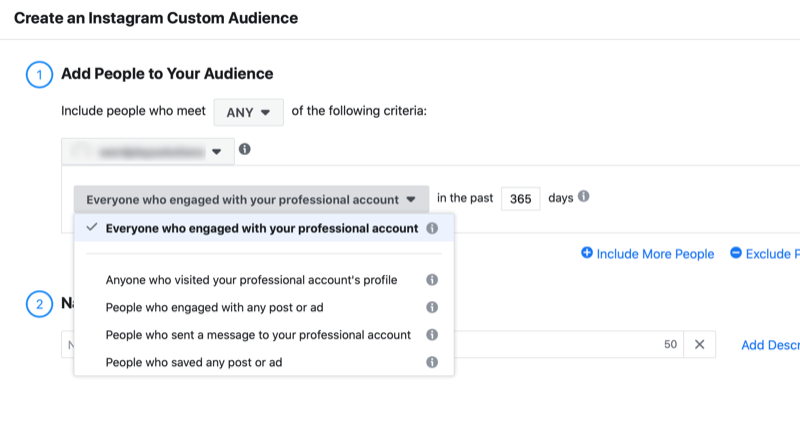 menu para criar um público personalizado do instagram com a opção de adicionar pessoas ao seu público que engajado com sua conta profissional com a opção de definir o número de dias para o engajamento período
