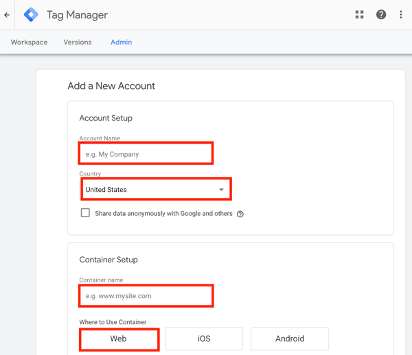 Use o Gerenciador de tags do Google com Facebook, etapa 1, configuração para adicionar uma nova conta do Gerenciador de tags do Google