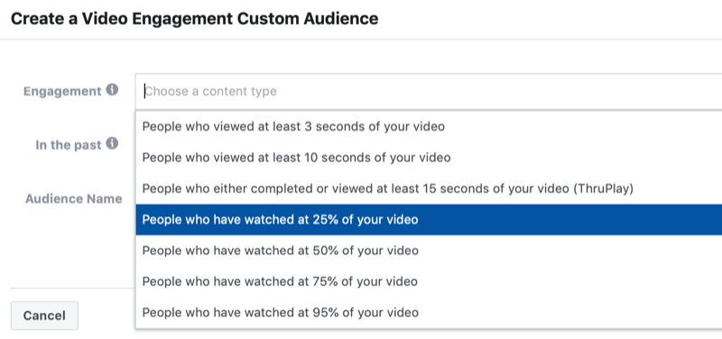caixa de diálogo para criar um público personalizado de engajamento de vídeo do Facebook