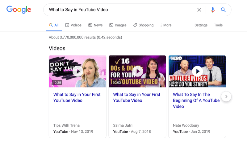 captura de tela de uma pesquisa no Google para saber o que dizer em um vídeo do youtube com os resultados da pesquisa de vídeo anotados