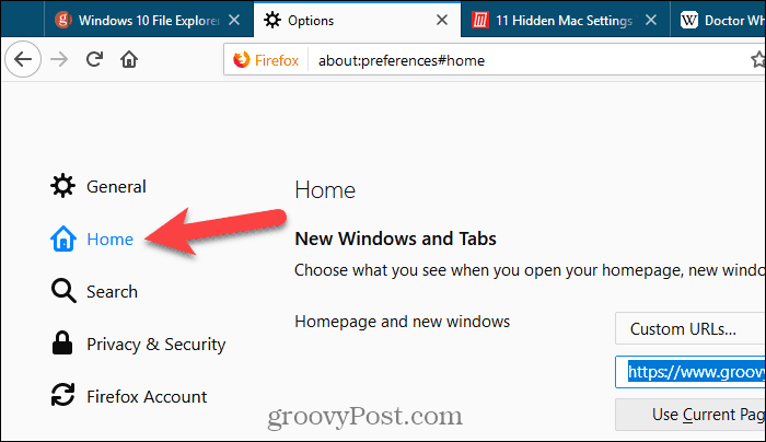 Clique em Home na página Settings no Firefox