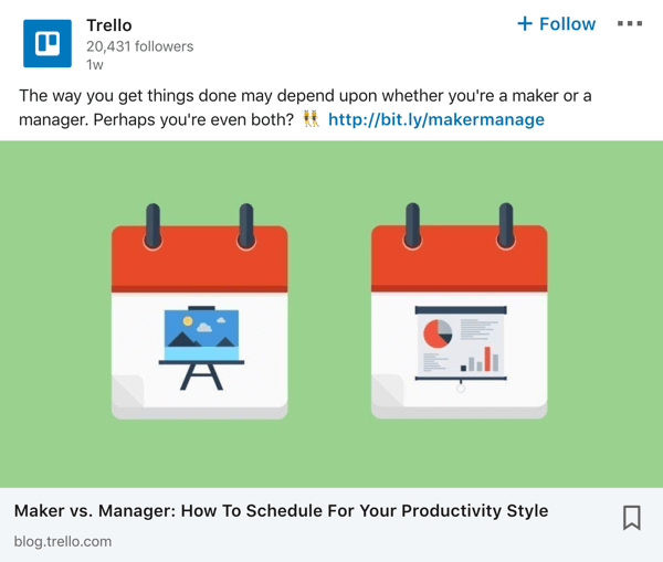 Exemplo de postagem da página da empresa Trello no LinkedIn.