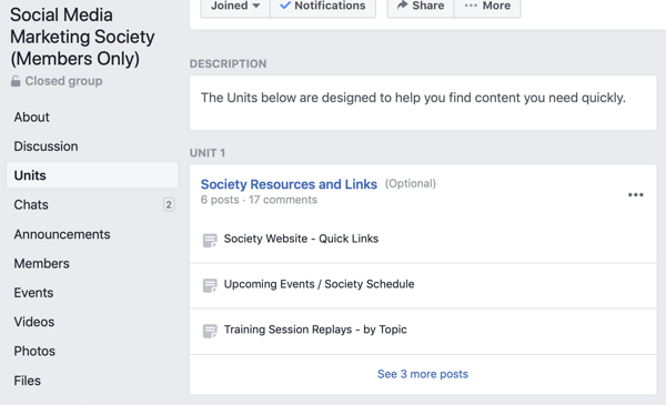 Como usar os recursos de Grupos do Facebook, exemplo de unidades de grupo para Social Media Marketing Society 