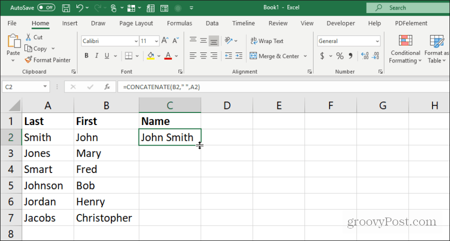 usando concatenar para nomes no Excel