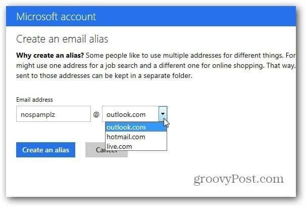 Recurso de alias do Outlook.com