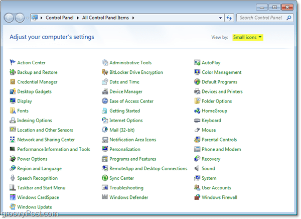 o painel de controle do Windows 7 automaticamente na exibição de ícones pequenos