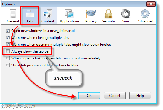 Opções do Firefox 4 Tabs e Sempre mostrar a barra de guias desmarcada