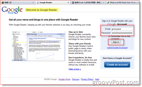 Página de login do Google Reader:: groovyPost.com