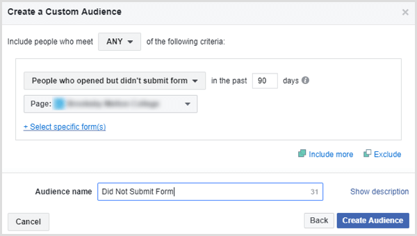 Facebook criar público personalizado pessoas que não enviaram formulário de lead