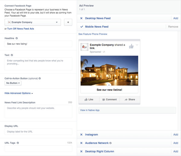 opções de entrega de anúncios de tela do Facebook