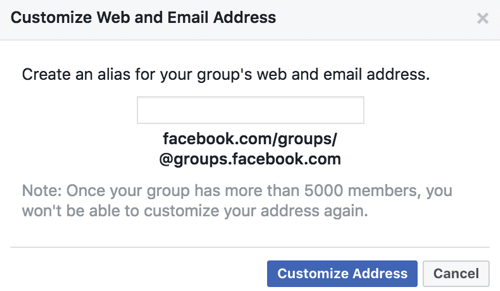Obtenha um URL personalizado e endereço de e-mail para o seu grupo no Facebook.